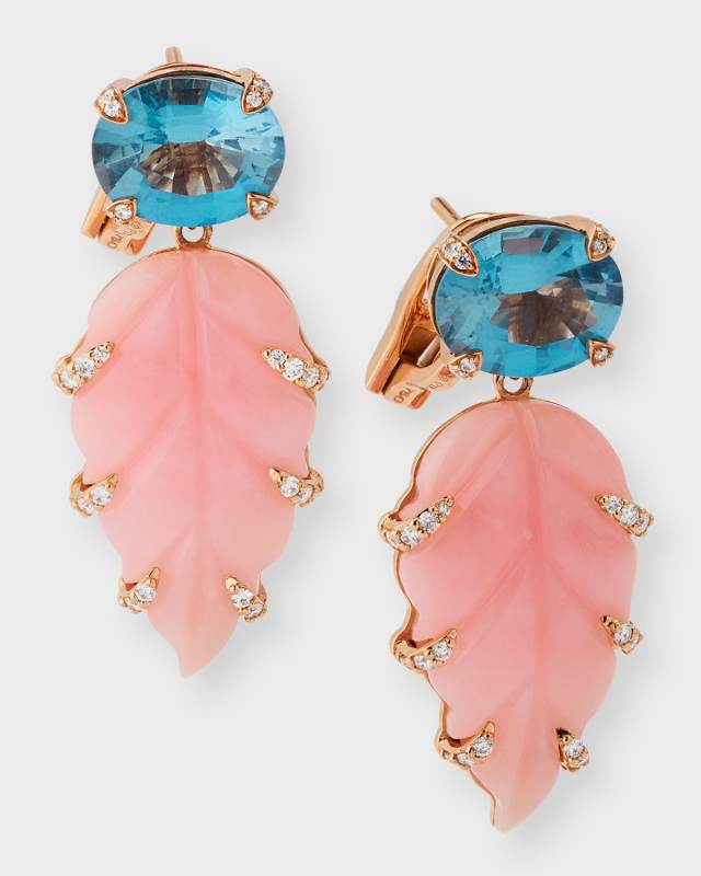 18K Rose Gold Oval Blue Topaz, Carved Pink Opal and Round Diamond Earrings